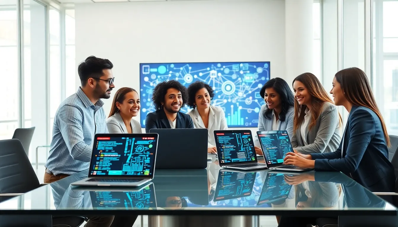 Diverse team collaborating on Internet of Things software development in a modern office.