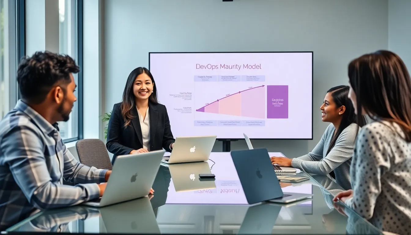 diverse team collaborating on the DevOps Maturity Model in a modern office.