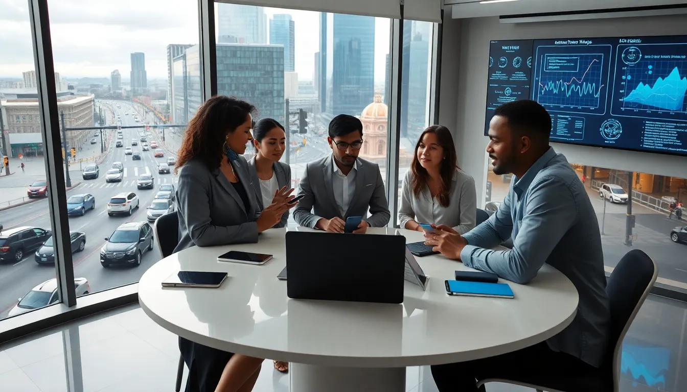 diverse professionals discussing 5G technology in a modern office setting.