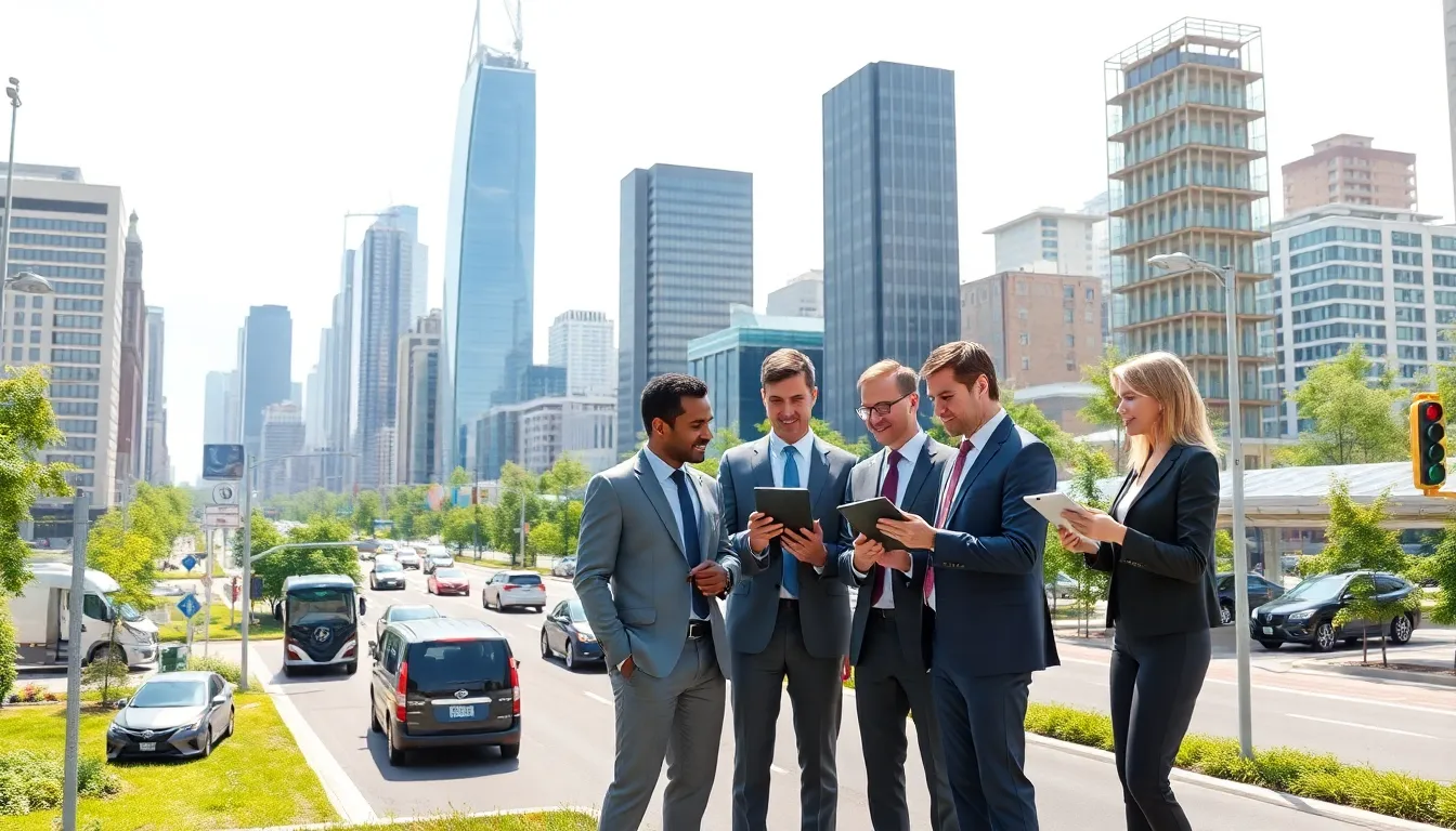diverse professionals collaborating in a high-tech smart city environment.