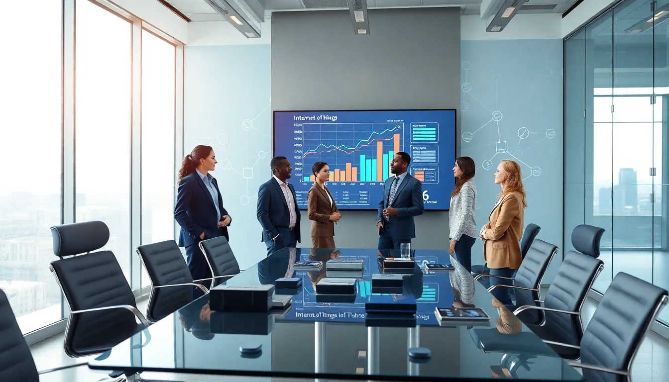 diverse team discussing IoT impact on supply chain in a modern office.