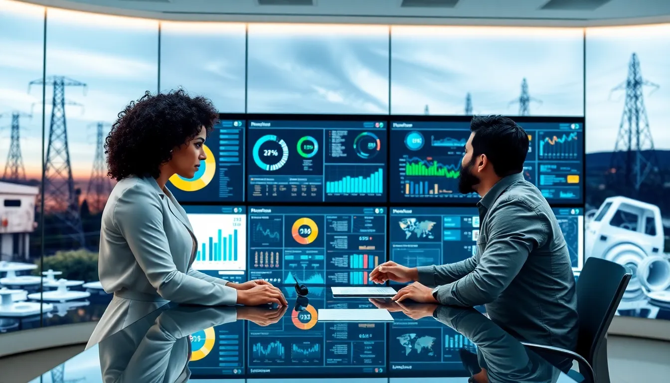 utility professionals analyzing IoT data in a modern control room.