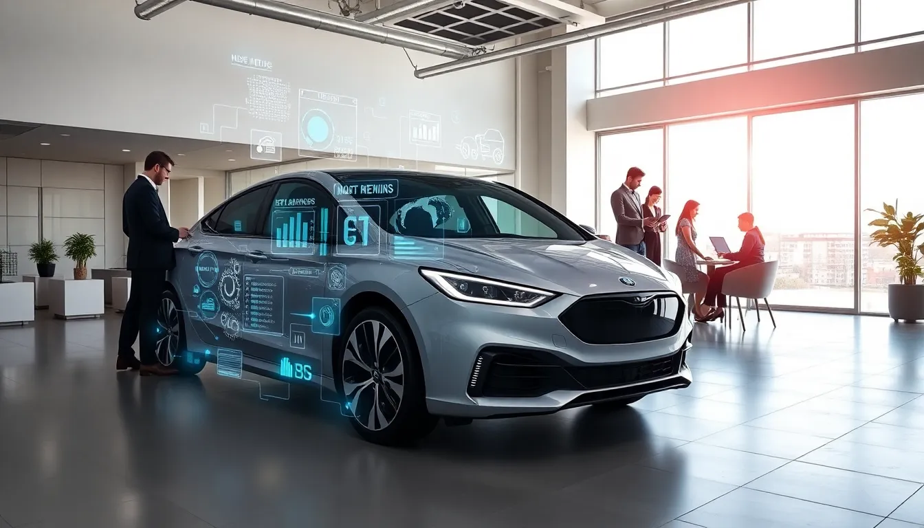 connected car in a modern showroom with professionals analyzing data.