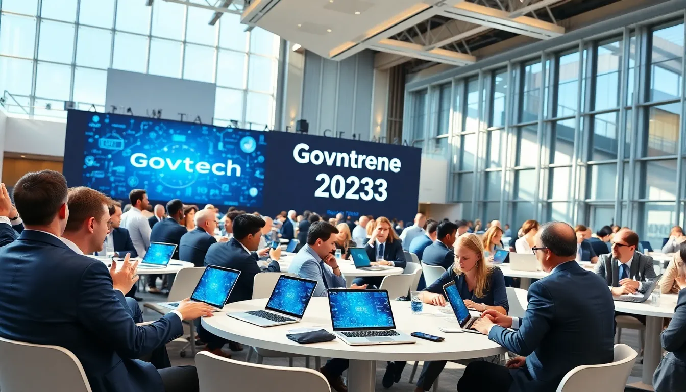 diverse professionals at a Govtech conference in a modern setting.